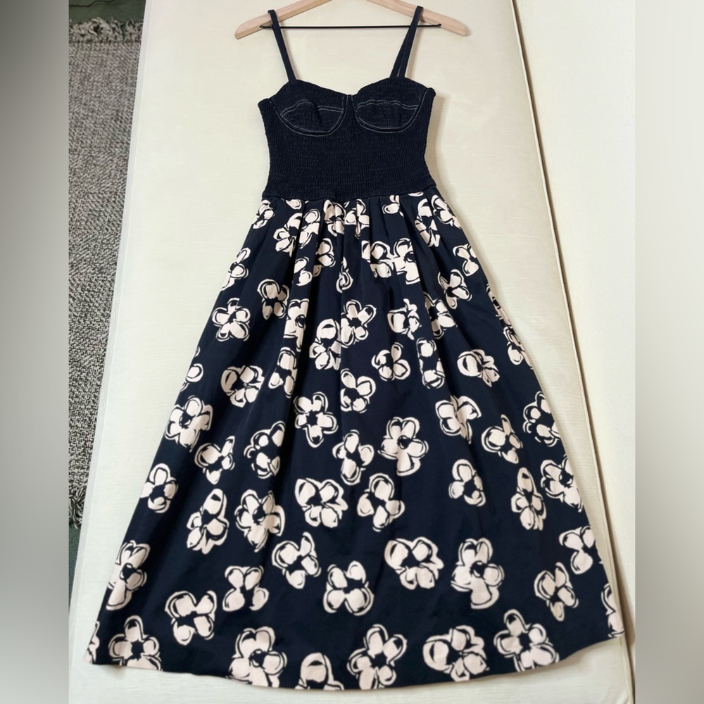 Marina Moscone Dress - Women's 6 Black Cream - Floral Smocking Midi A-Line